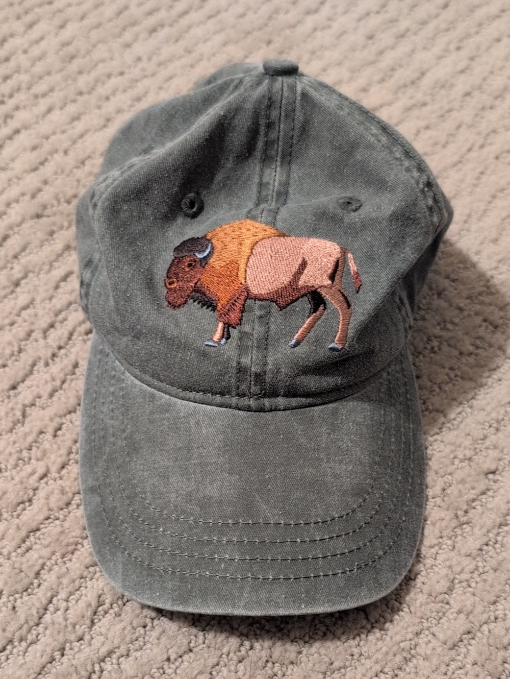 Embroidered Bison Baseball Cap in Olive Green